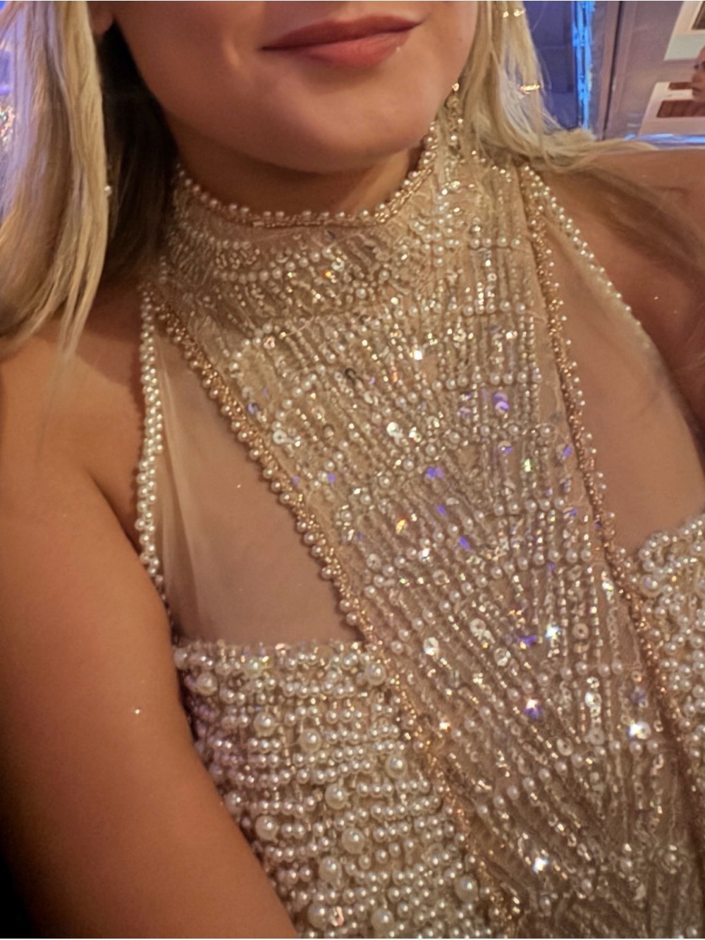SHEIN Beaded Pearl High-Neck Prom Dress - Champagne